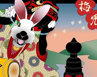 YEAR of the RABBIT 2023 うさぎの年, Metal or Giclee Art Print, Japanese Culture, Lunar New Year, Daruma Luck Lion Dancer Ukiyoe, original artist