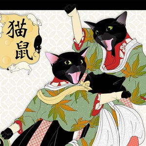 A Game Of Cat & Mouse, Metal, Giclee Art Print, Wall print, Japanese festival, cat art, mice, traditional dancers, ukiyo-e, black cat, 猫, 鼠
