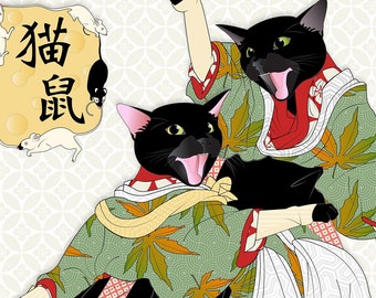 A Game Of Cat & Mouse, Metal, Giclee Art Print, Wall print, Japanese festival, cat art, mice, traditional dancers, ukiyo-e, black cat, 猫, 鼠