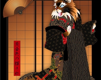 GOLDEN HOUR, Metal or Giclee Art Print, Cat Art, Japanese, Kimono, folding fan, Original Artist, ukiyo-e, maine coon cat, neko