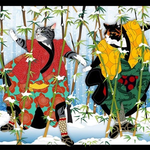 May include: Two cats dressed in traditional Japanese clothing stand in a snowy bamboo forest. The cat on the left is wearing a red, green, and yellow kimono with a black sash. The cat on the right is wearing a yellow, green, and black kimono with a red sash. The text "青北" is written in red on a white background in the upper left corner of the image. The text "雪猫舞" is written in red on a white background in the upper right corner of the image. The text "新年" is written in red on a white background in the lower right corner of the image. The text "後楽園" is written in red on a white background in the lower left corner of the image.