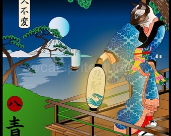 Rarity of a Blue Moon, Wall Art, Cat Print, Japanese Kimono, Original Art Print, Cat Tales, kimono, ukiyo-e masters, moonlight