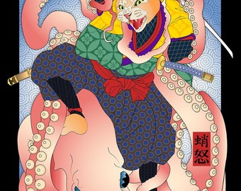 ALLEGORY, Metal Print, Wall Art, Cats Print, Kimono, Samurai, Octopus, Original Art Print, Cat Tales, Ario Maru, folktales, Japanese culture