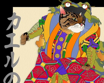 FROG PRINCE VIVID Metal or Giclee Art Print, 猫, Original Artist, Japanese cat art, Kabuki, frog, costume, toad, ukiyoe, tabby, chonk, noh