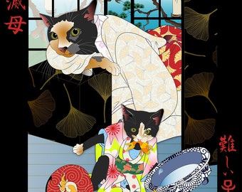 LITTLE TREASURE, Metal Print, Wall Art, Cat Print, Japanese Kimono, Original Art, bad kitten, koi, ukiyo-e, naughty child, fish bowl, splash