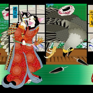 May include: A colorful Japanese-style illustration featuring a cat in a red and gold kimono holding a smaller cat. The background includes a bird with a green hat, a vase, and a traditional Japanese room with sliding doors. The text in the image reads "猫子猫" and "侍鳥手".
