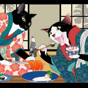 May include: Two black cats dressed in traditional Japanese clothing are enjoying a meal of sushi. The cat on the left is preparing the sushi with a knife, while the cat on the right is using chopsticks to eat a piece of sushi. The text in the image reads "食ベ 猫 は 魚 が 大好 き" which translates to "Cats love fish".