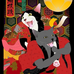My Sumo Wrestlers, Metal or Giclee Art Print, Cat Art, samurai, Japanese culture. kimono, Ukiyo-e, Russian Blue, gray cat, tuxedo cat, gift