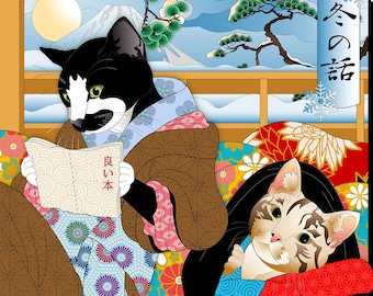 A Winter’s Tale, Metal Print, Art Print, Wall Art, Cat Art, Japanese culture, Original Art, Cat Tales, tuxedo cat, snow, bengal, mt. fuji, 猫