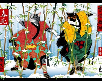 SNOW DANCERS, Metal Print, Wall Art, Cat Print, Japanese art, Kimono, Original Artist, ukiyo-e, tabby, bamboo, cat, dancing, winter, samurai