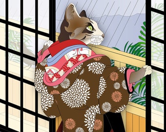 WATCHING THE RAIN, Metal or Giclee Art Print, Cat Print, Japanese culture, Original Art, cat lovers, bengal, ukiyoe, cat in kimono, clothing