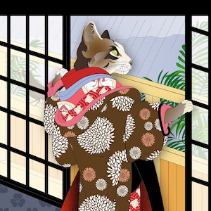 May include: A brown and white cat wearing a traditional Japanese kimono with a floral pattern. The cat is looking out a window at a rainy scene. The text on the wall reads "暁雨雪庭".