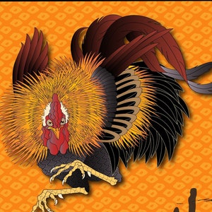 May include: A detailed illustration of a rooster with a red comb and wattles, set against a background of orange and white repeating circles. The rooster is depicted in a dynamic pose with its wings spread and tail feathers fanned out. The image includes the Japanese character "酉" (tori) which means "rooster" in Japanese.