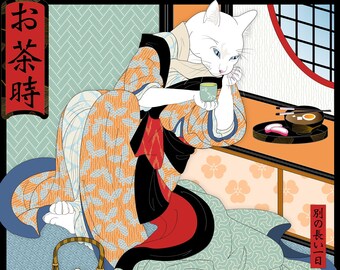 DOWN TIME, Metal Print, Wall Art, Cat Print, Japanese culture, fine Art Print, cat kimono, tea time, work break, ramen, teapot, white cat, 猫