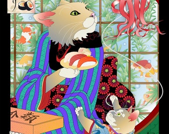 GOOD THINGS COME, Metal or Giclee Art Print, Cat Print, Japanese culture, kimono, sushi, Cat Tales, sashimi, octopus, ukiyoe, koi, kitten, 猫