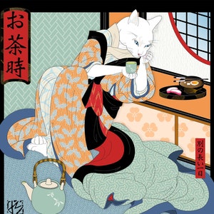A lovely white cat in soft-colored kimonos takes tea and miso soup in a relaxing break