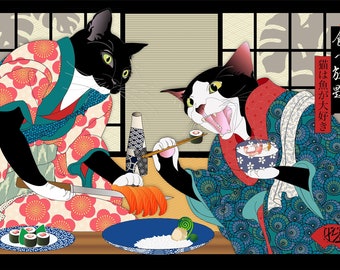 All You Can Eat Metal Print or Giclee Art, Japanese culture ukiyo-e, Art Print, sushi chef, sashimi, cat illustration, kimono, sushi, tuxedo