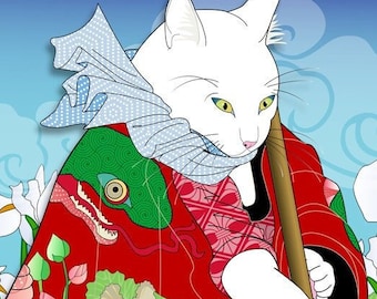SNAKES ON A KIMONO Metal or Giclee Art Print, Wall Art, cat in kimono, Japanese culture, ukiyoe, samurai, gift for gardener, cat lovers gift