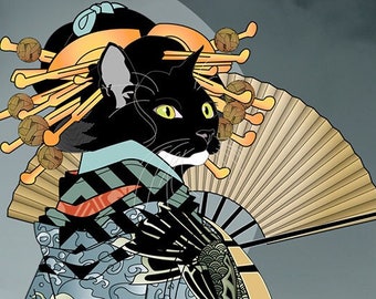 Koi Kimono, Metal Print, Wall Art, Cat Print, Japanese Culture, Original Art, Cat Tales, geisha, cats in clothes, ukiyoe, tuxedo cat, beauty