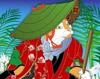 Attack Of The Killer Caterpillars, Metal or Giclee Print, Japanese irises, Kimono, Cat Art, Samurai, Gardener, Cat Tales, ukiyoe, calico cat