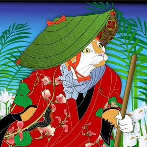May include: A red and black cat wearing a green hat and red robe with a floral pattern, holding a rake and standing in a garden with white flowers and green plants. The text "侍猫毛虫" is written in black on a white banner.