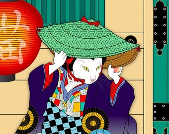 MIDNIGHT ADVENTURE, Metal Print, Wall Art, Cat Print, Japanese Kimono, ukiyo-e, Cat Tales, parasol kimono, straw hat, going out, old Tokyo