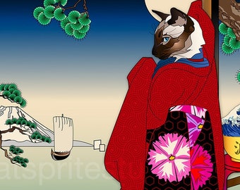 HEART TSUNAMI, Metal Print, Wall Art, Cat Print, Japanese ukiyo-e masters, Original Artist, Cat Tales, siamese cat, cats in kimonos, legend
