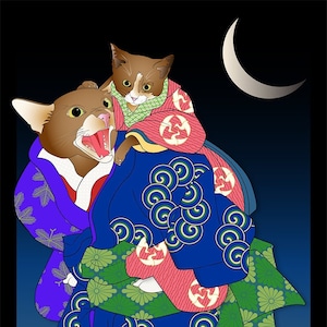 a kitten rides piggy back while moon viewing with its parent. both are dressed in layered kimonos in blues, green, coral. background fades to black with a high crescent moon.