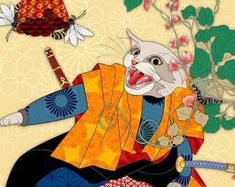 PAPER WASPS, Metal or Giclee Art Print, Cat Art, Japanese, Samurai, Original Artist, washi paper, ukiyoe, sweet pea vine, burmese cat, neko