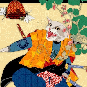 May include: A white cat dressed as a samurai warrior with two swords, a red sash, and a yellow and blue patterned robe. The cat is standing on a yellow background with a vine of flowers and leaves. The Japanese text reads "Stronger than a warrior".