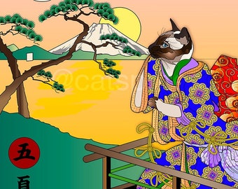 SUMMER MORNING of Self-Reflection, Metal Print, Wall Art, Cat Print, Japanese Ukiyo-e, Kimono, Original Art Print, Cat Tales, Tale of Genji