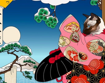 TWILIGHT SNOW, Metal or Giclee Art Print, Cat Print, Japanese art, Original Artist, Cat Tales, siamese cat, kimono, Ukiyo-e, Tale of Genji