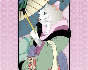 BLUE PARASOL, Metal or Giclee Art Print, Cat Print, Japanese culture, Cat Tales,geisha, kedi, tokyo, woodblock, ukiyo-e, 猫