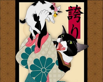 Home Is Where The Heart Is, Metal Print Wall Art Cat Print Original Art, Japanese Kimono, Cat Tales, kitten, ukiyo-e, motherhood, fatherhood