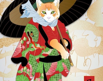 Year of the SNAKE 2025 蛇の年, Metal or Giclee Print, Japanese Culture, Lunar New Year, Ukiyo-e, original artist, cat art, snake kimono, lotus