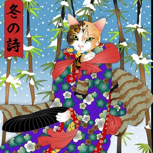 May include: A calico cat wearing a purple and red kimono with a black hat and red sash stands in a snowy bamboo forest. The cat is wearing traditional Japanese footwear. The text "冬 の 詩" is written in red on a white banner. A blackbird is perched on the ground in the lower right corner of the image.