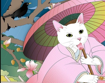 HAPPY WARRIOR, PINK, art print, original artist, Japanese culture, Ukiyoe art,  white cat, 女武者, kimono, parasol, rainy day, magnolia tree, 猫