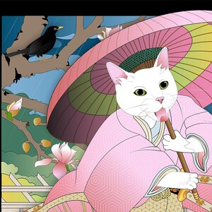 White cat warrior samurai in pink kimono and parasol in the rain; there's a blackbird sheltering in blooming magnolia tree and two others near her