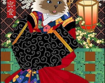 PATH TO ROMANCE, Original Art Metal Print, kimono cat art, Japanese culture, ukiyoe, cat lovers gift, longhaired, siamese cat, neko, ねこ, 美人