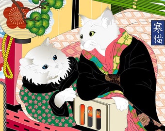 In The Same Boat, Wall Art, Cat Print, Japanese culture, Ukiyo-e, Original Art Print, Cat Tales, quiet snowfall, boating, cats in kimonos