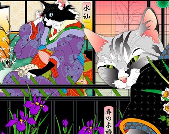 NARCISSUS, Metal Print, Wall Art, Cat Print, Japanese irises, Cat Tales, kimono, ukiyo-e, romance, tabby cat, cat lover gift, valentine gift