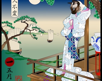 MAY IRISES, Metal Print, Wall Art, Cat Print, Japanese Kimono, Original Art Print, Cat Tales, cats in kimono, japan culture, ukiyo-e, fuji