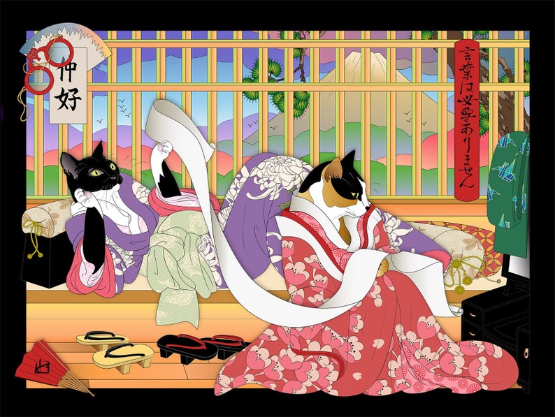 May include: Two cats dressed in traditional Japanese clothing, one black and one calico, are sitting on a couch reading scrolls. The background features a Japanese-style room with a window overlooking a mountain and a red lantern with Japanese text that reads "Welcome to the Cat Cafe".