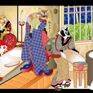 Without Wheat Bake Shop, Wall Art, Cat Print, Japanese culture, (Gluten free) Original Art, Cat Tales, moon cakes, cats in kimono clothes