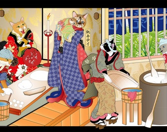 Without Wheat Bake Shop, Wall Art, Cat Print, Japanese culture, (Gluten free) Original Art, Cat Tales, moon cakes, cats in kimono clothes