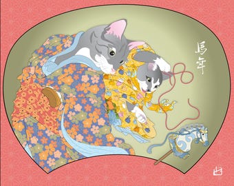 YEAR of the HORSE, Metal Art Print, 馬年, Japanese Culture, Lunar New Year, Ukiyo-e, cat, kitten, kimono design, Chinese zodiac gift