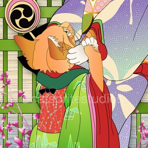 May include: Illustration of an orange cat wearing a green and red kimono, with a black bow tie. The background includes a green fence, pink flowers, and a traditional Japanese drum.