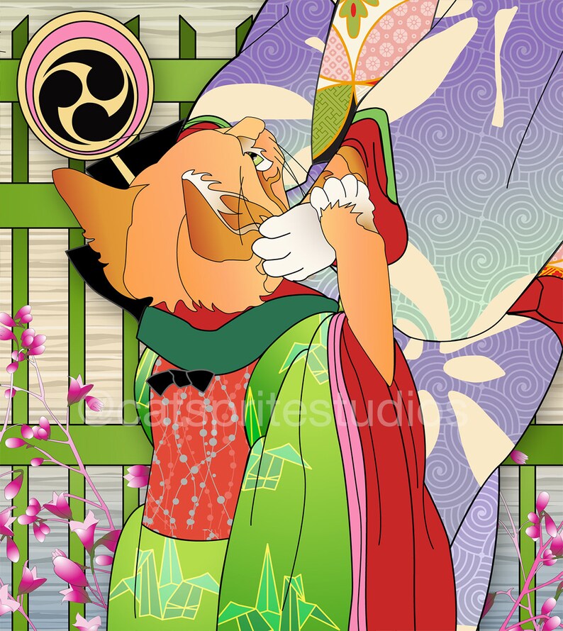 May include: Illustration of an orange cat wearing a green and red kimono, with a black bow tie. The background includes a green fence, pink flowers, and a traditional Japanese drum.