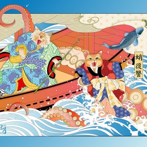 LAST LAUGH, Blue Version, Tako's Revenge, Wall Art, Japanese Art, Original Art, cat print, octopus, fishing, cats in kimono, ukiyo-e, genji