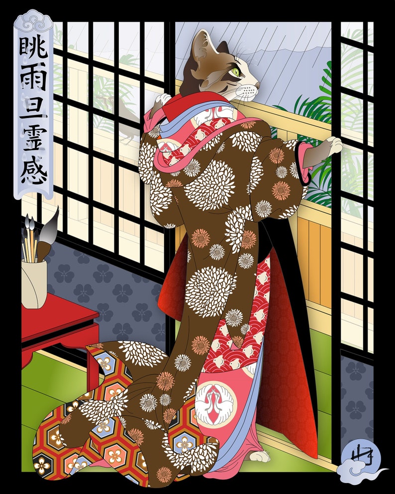 May include: A brown and white cat wearing a traditional Japanese kimono with a floral pattern. The cat is looking out a window at a rainy scene. The text on the wall reads "暁雨雪庭".